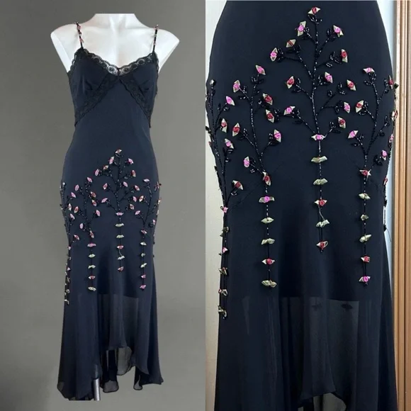 Vintage 90s Y2K 100% Silk Beaded Dress Rose Vintage Beaded Dress Silk Slip Dress - Picture 1 of 7